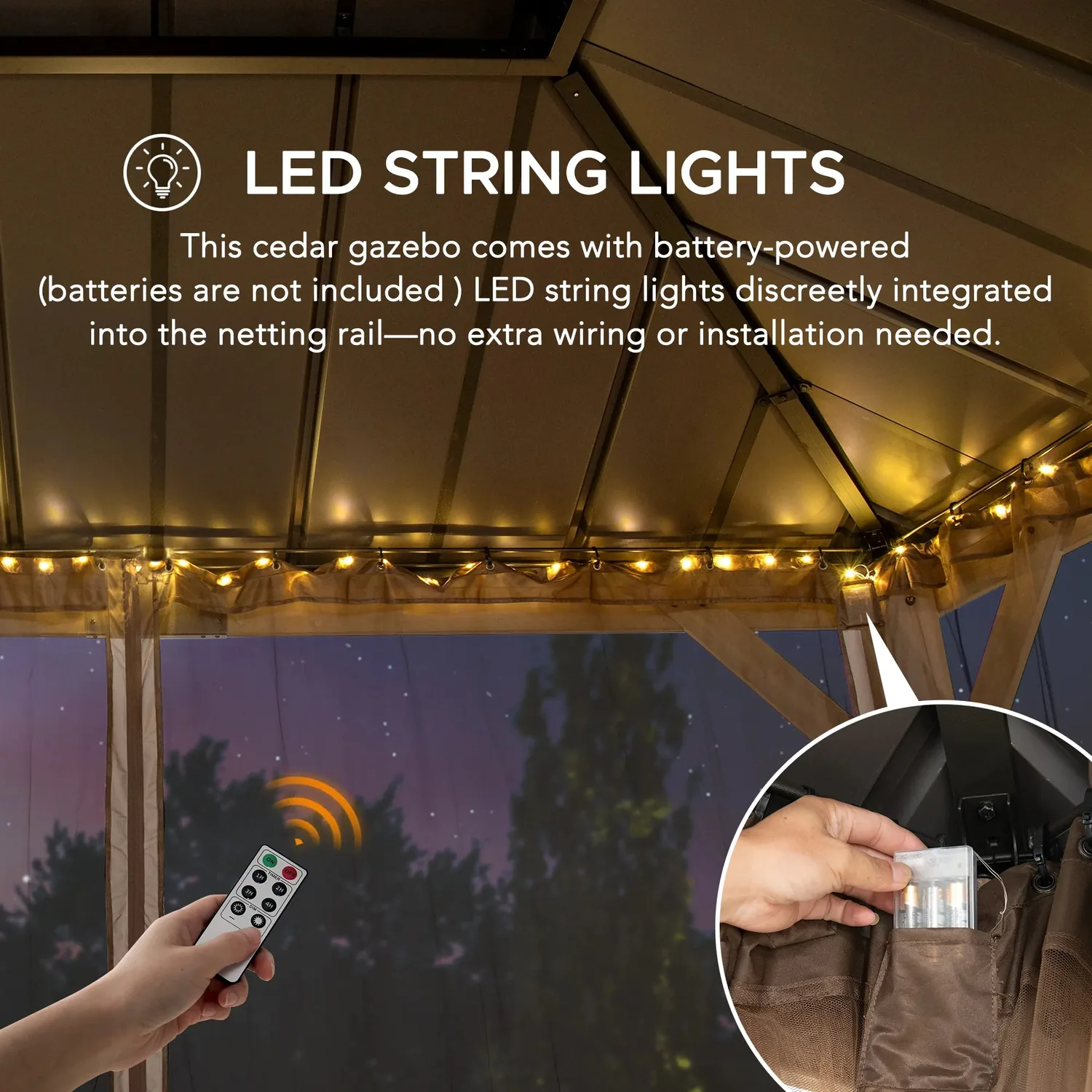 SUNJOY 10x12 Cedar Wood Gazebo with Galvanized Steel Roof, LED String Lights & Mosquito Netting - Brown — view 7