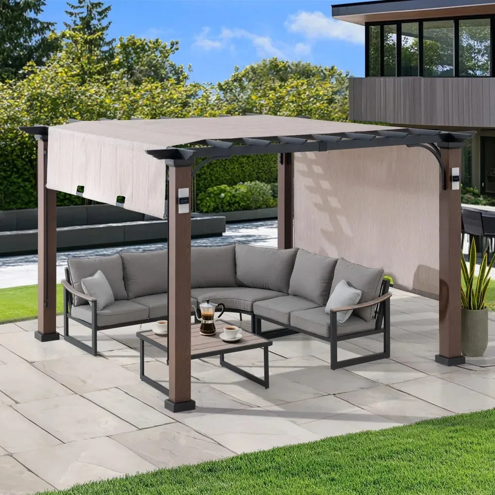 SUNJOY 11x11 Wood-Look Finish Metal Pergola with Sliding Canopy & Solar Lights — view 2