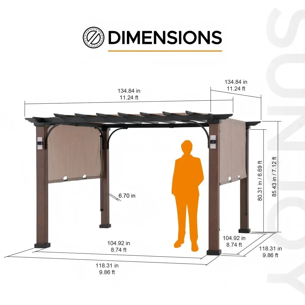 SUNJOY 11x11 Wood-Look Finish Metal Pergola with Sliding Canopy & Solar Lights — view 3