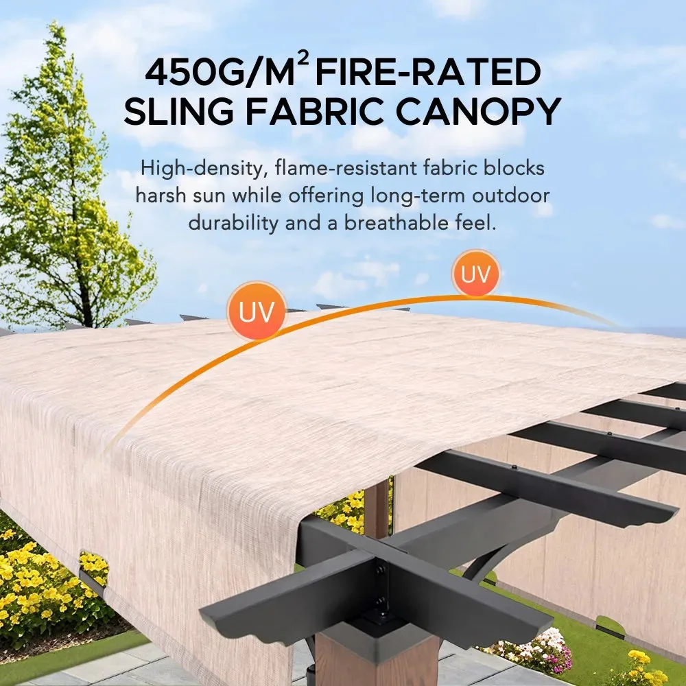 SUNJOY 11x11 Wood-Look Finish Metal Pergola with Sliding Canopy & Solar Lights — view 7