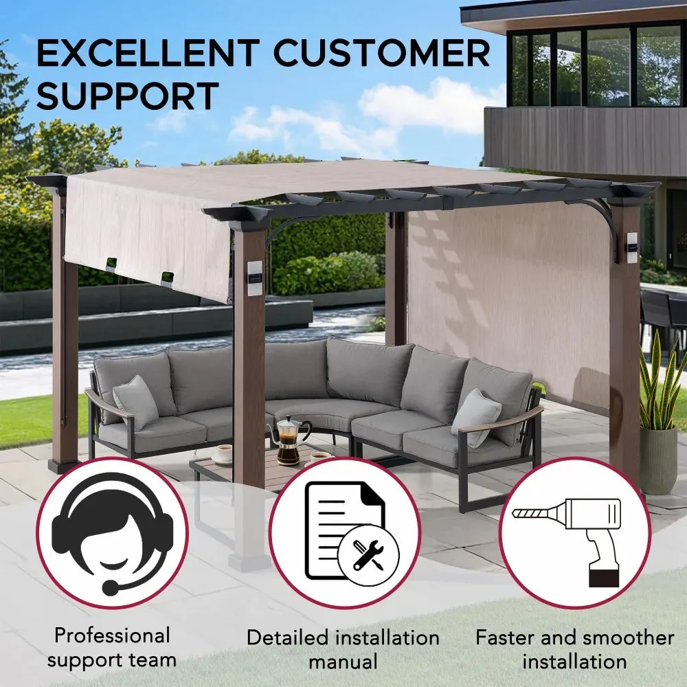 SUNJOY 11x11 Wood-Look Finish Metal Pergola with Sliding Canopy & Solar Lights — view 10
