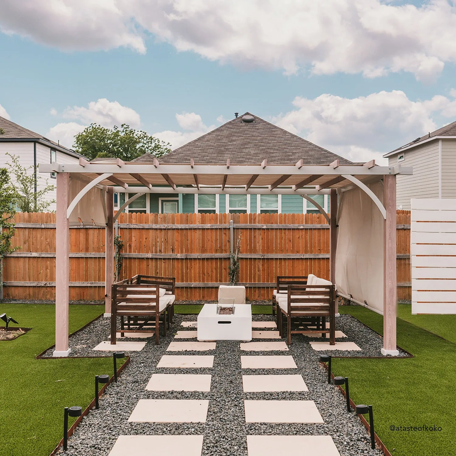Sunjoy · SUNJOY 12x14 Pergola with Sliding Shade Roof & Woodgrain Steel Frame