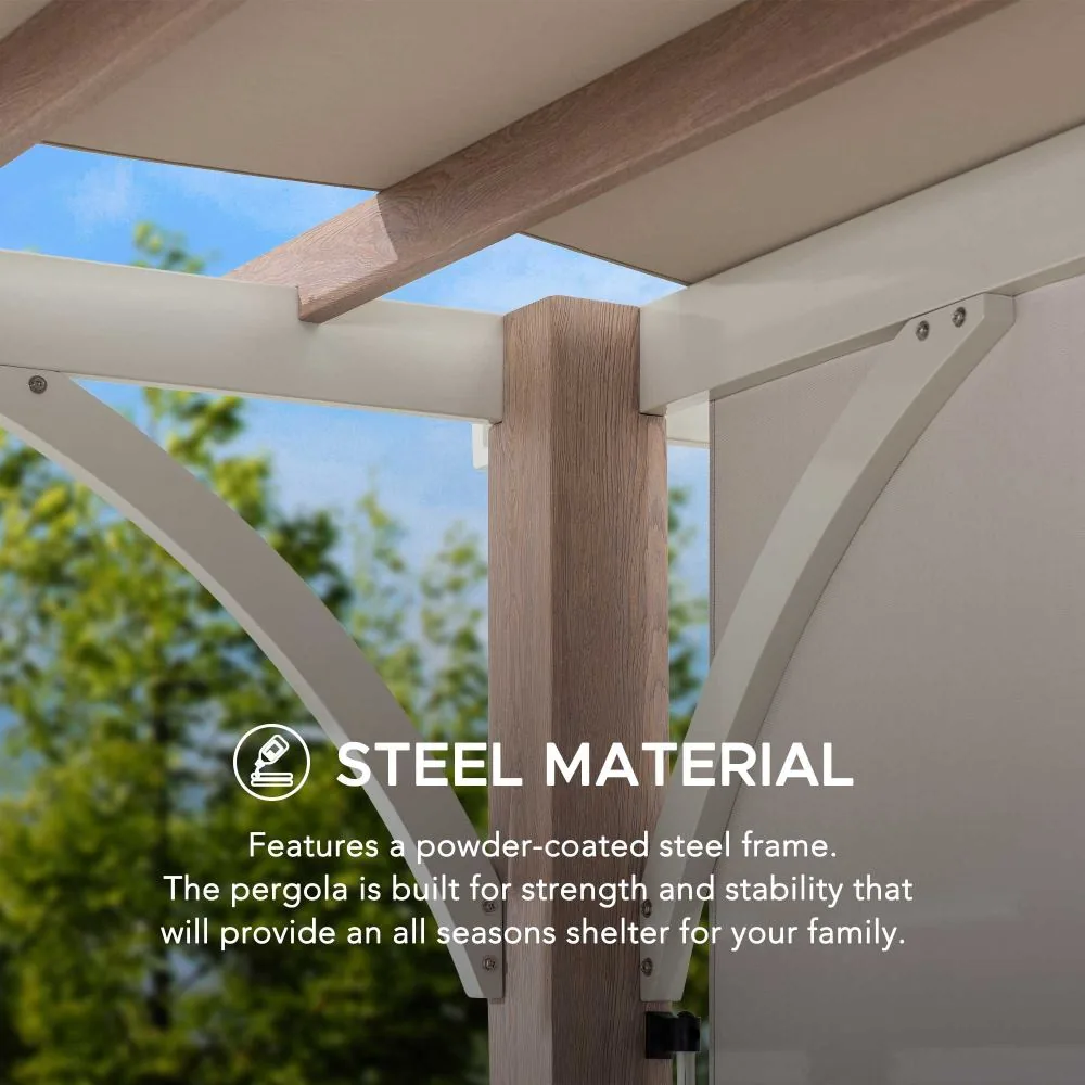SUNJOY 12x14 Pergola with Sliding Shade Roof & Woodgrain Steel Frame — view 7