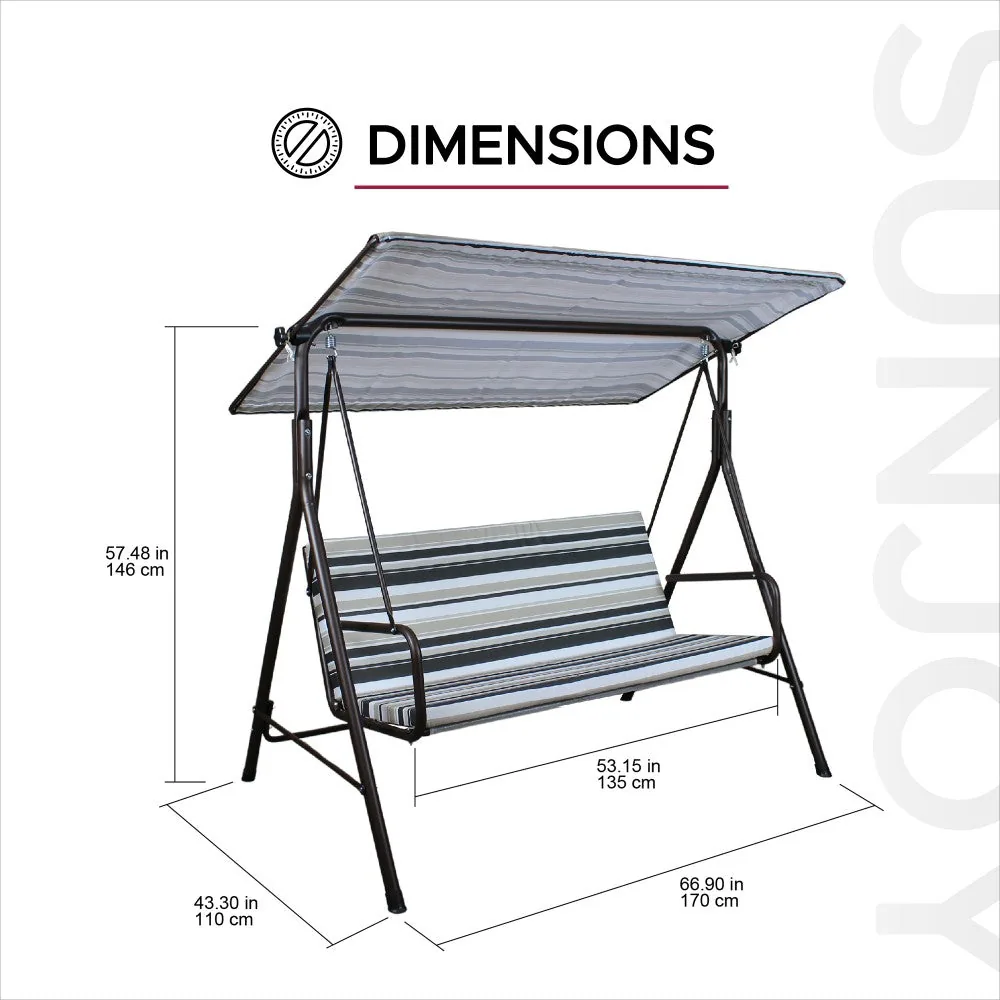 SUNJOY 2-Seat Italian-Made Patio Swing Chair with Adjustable Canopy and Cushions – Stripe — view 3