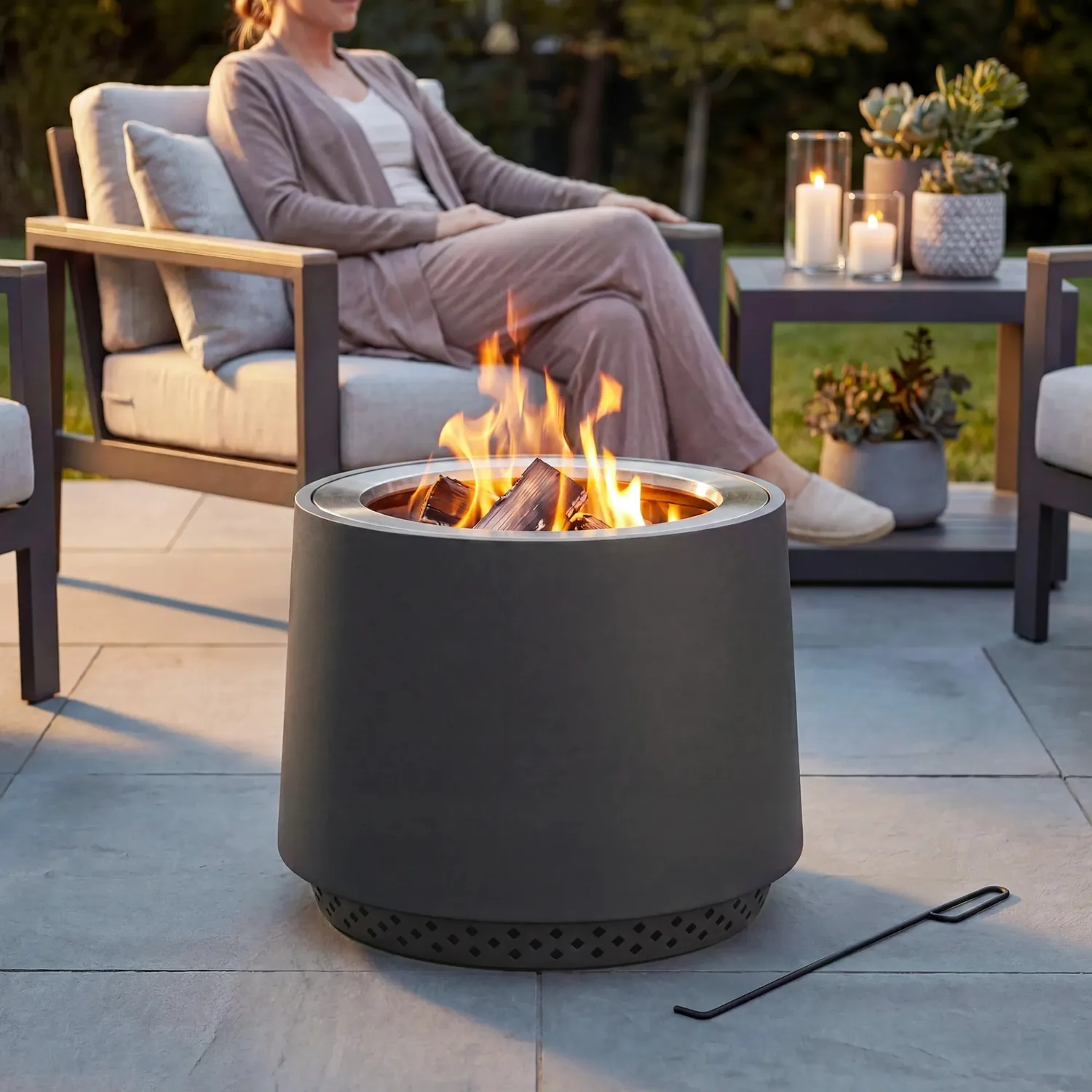SUNJOY 21 Inch Cylindrical Stainless Steel Smokeless Fire Pit with PVC Cover and Poker - Gray — view 2