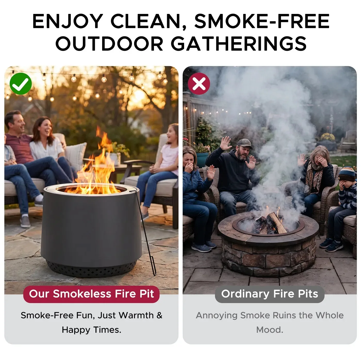 SUNJOY 21 Inch Cylindrical Stainless Steel Smokeless Fire Pit with PVC Cover and Poker - Gray — view 4