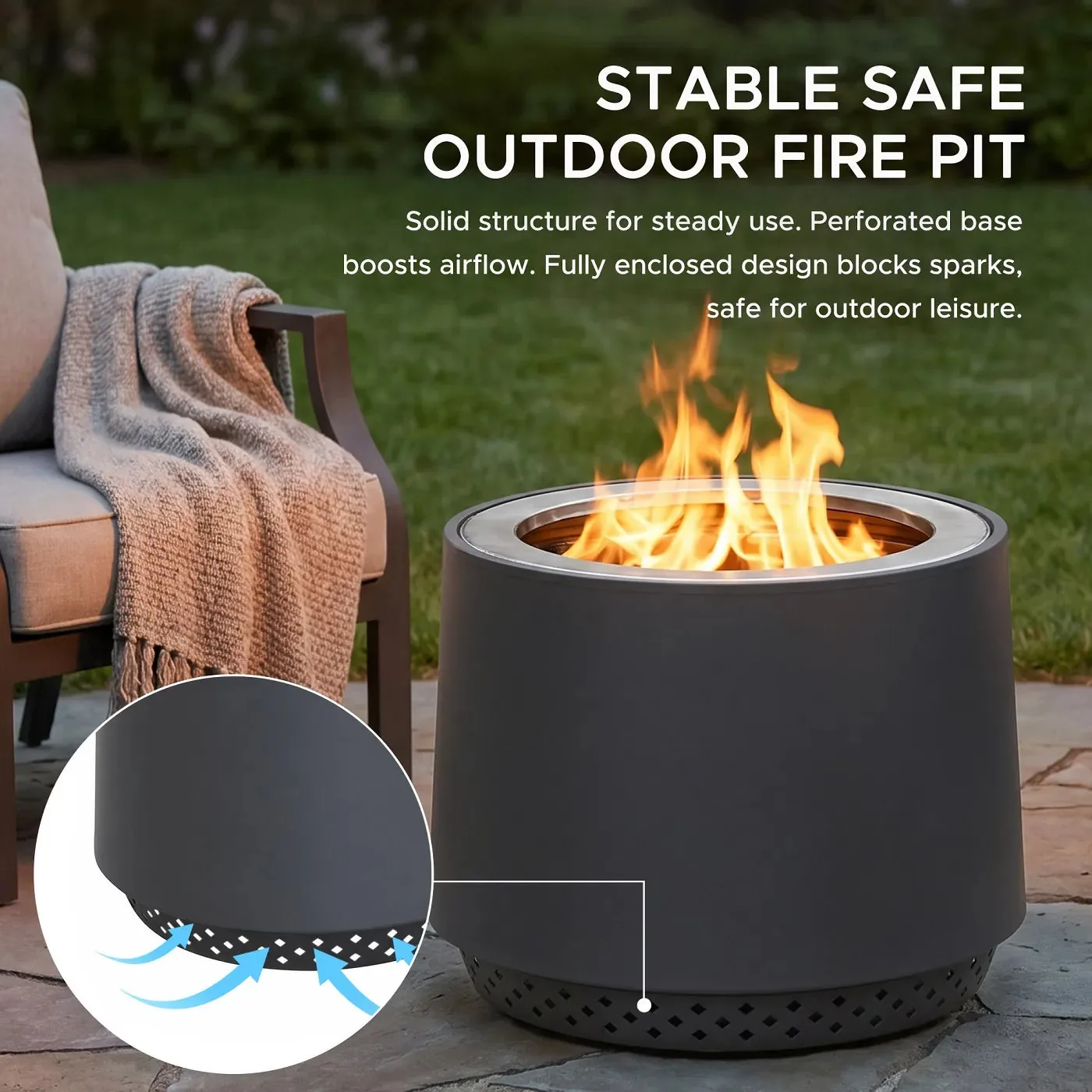 SUNJOY 21 Inch Cylindrical Stainless Steel Smokeless Fire Pit with PVC Cover and Poker - Gray — view 5