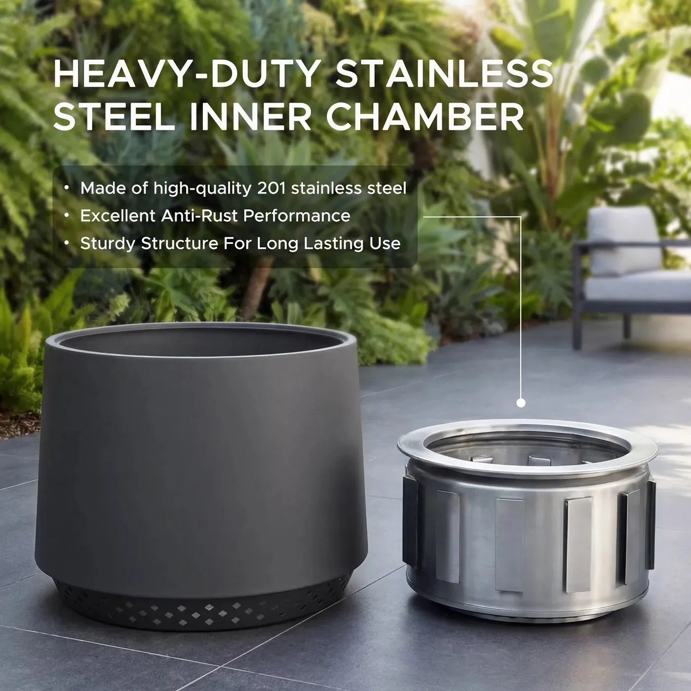 SUNJOY 21 Inch Cylindrical Stainless Steel Smokeless Fire Pit with PVC Cover and Poker - Gray — view 7