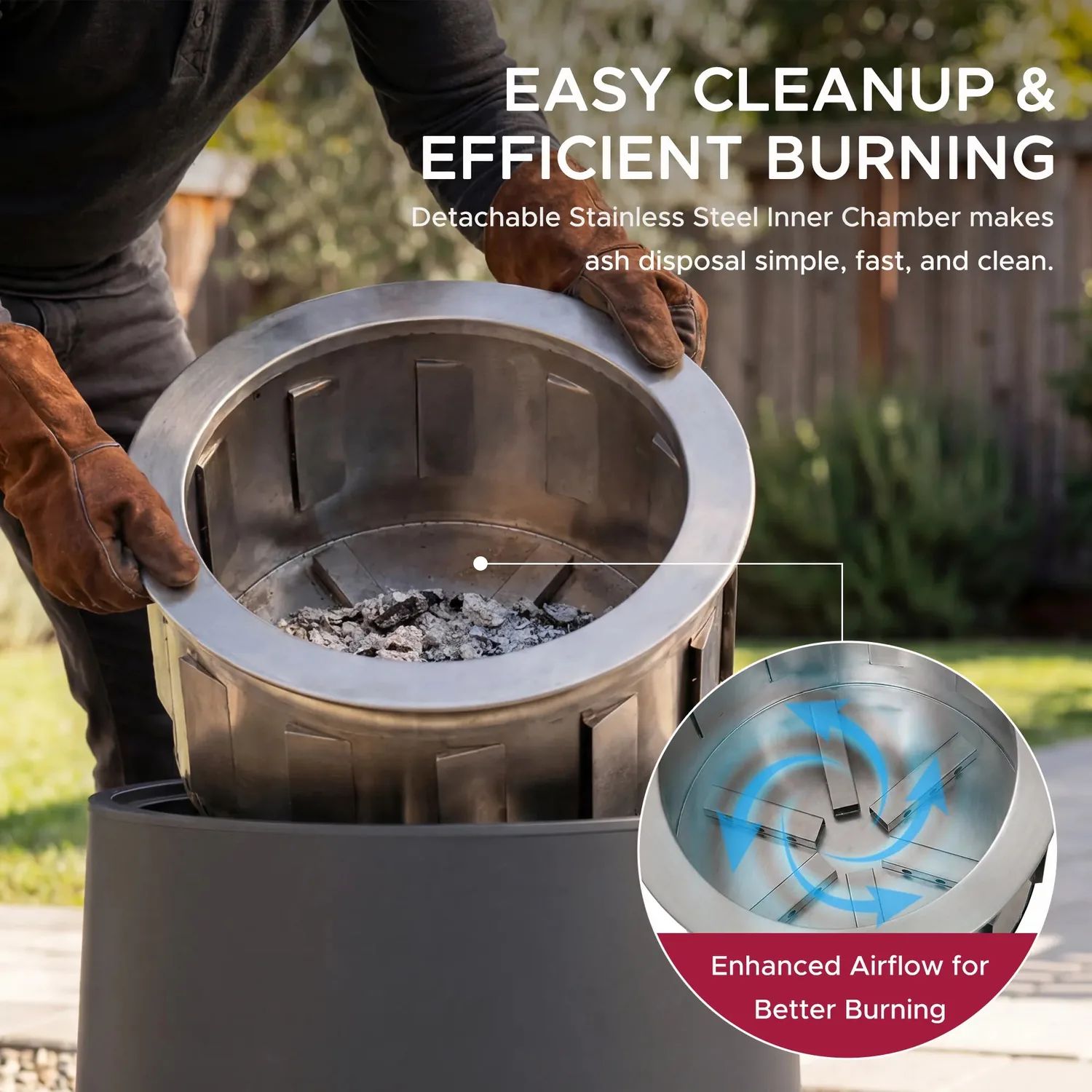 SUNJOY 21 Inch Cylindrical Stainless Steel Smokeless Fire Pit with PVC Cover and Poker - Gray — view 8