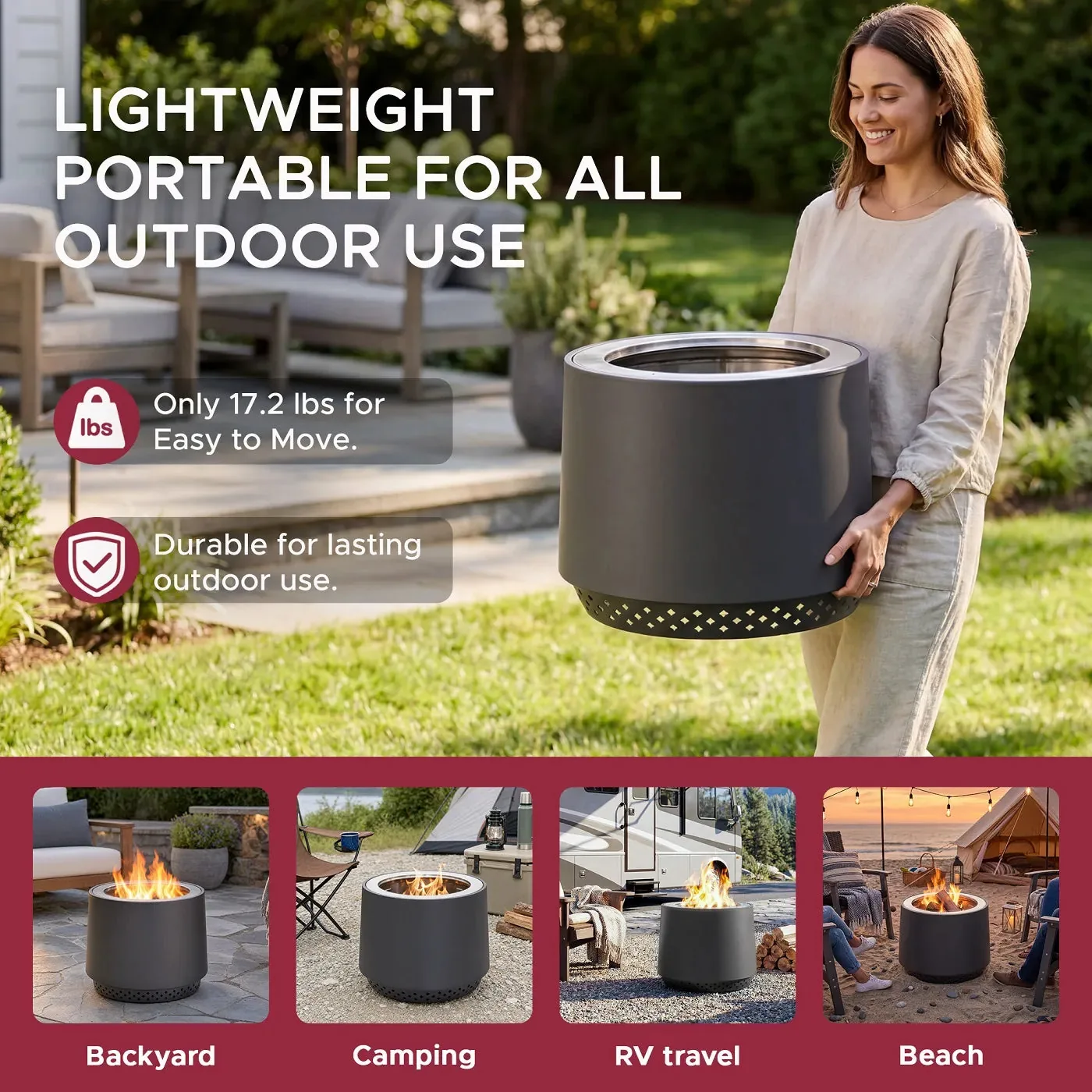 SUNJOY 21 Inch Cylindrical Stainless Steel Smokeless Fire Pit with PVC Cover and Poker - Gray — view 10