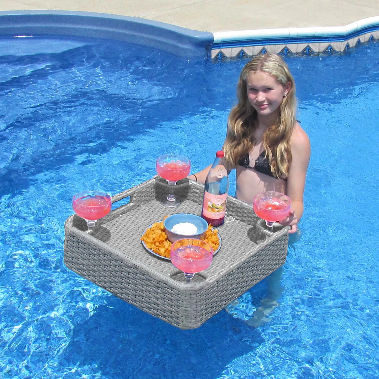 SUNJOY 24x24 Inch Aluminum Frame Wicker Floating Tray for Pool - Gray — main image