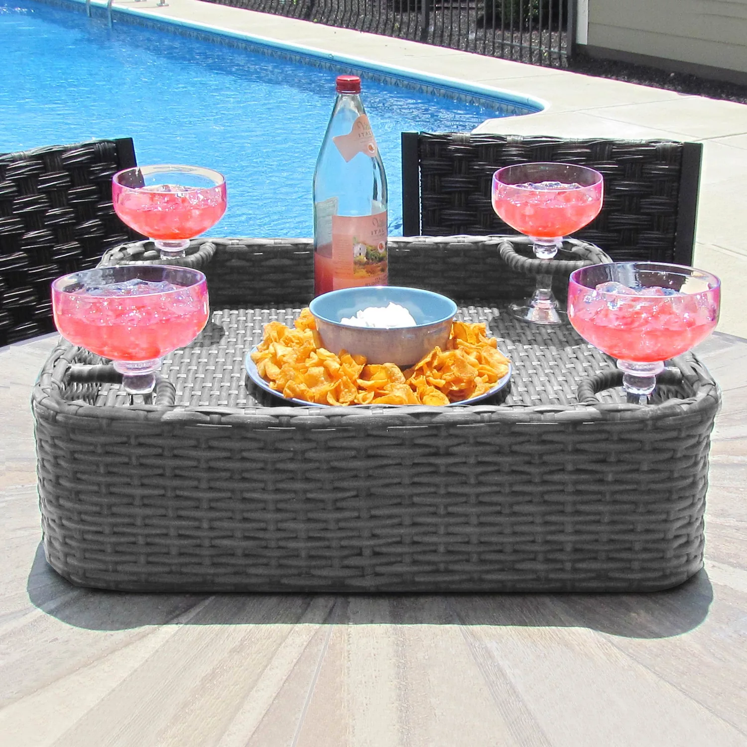 SUNJOY 24x24 Inch Aluminum Frame Wicker Floating Tray for Pool - Gray — view 2