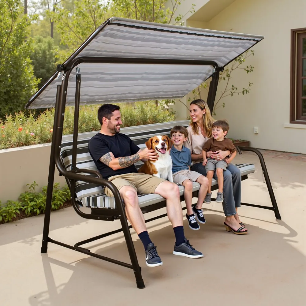 SUNJOY 4-Seat Italian-Made Patio Swing Chair / Bed with Adjustable Canopy and Cushions – Stripe