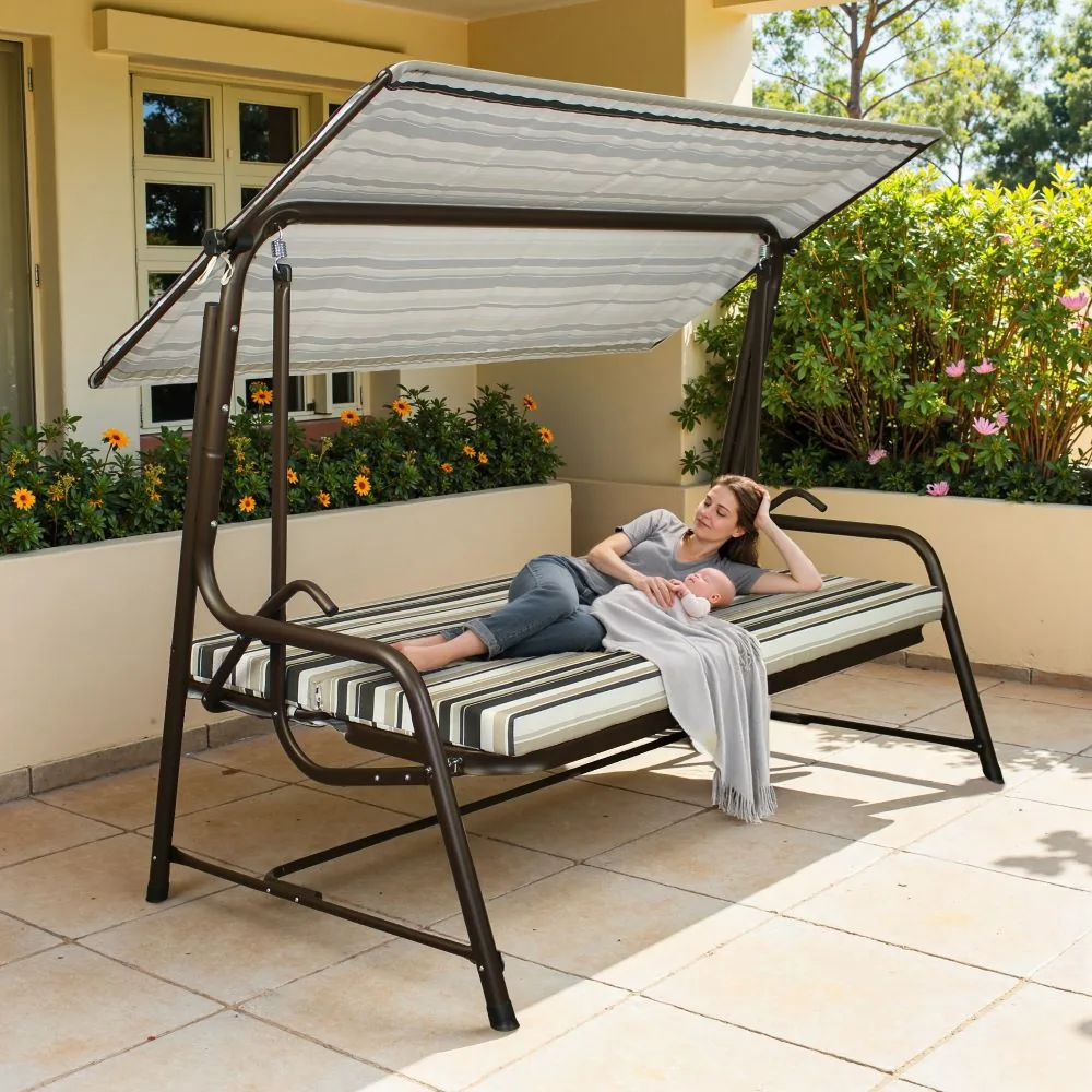 Sunjoy · SUNJOY 4-Seat Italian-Made Patio Swing Chair / Bed with Adjustable Canopy and Cushions – Stripe