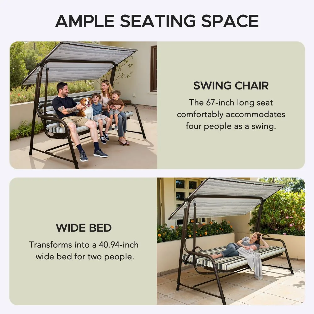 SUNJOY 4-Seat Italian-Made Patio Swing Chair / Bed with Adjustable Canopy and Cushions – Stripe — view 9