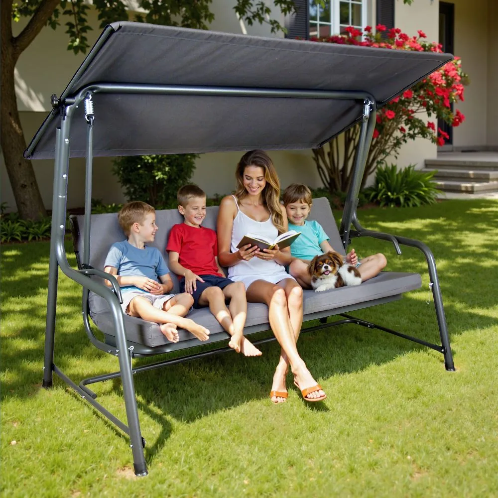 SUNJOY 4-Seat Italian-Made Patio Swing Chair / Bed with Adjustable Canopy and Cushions – Gray — main image