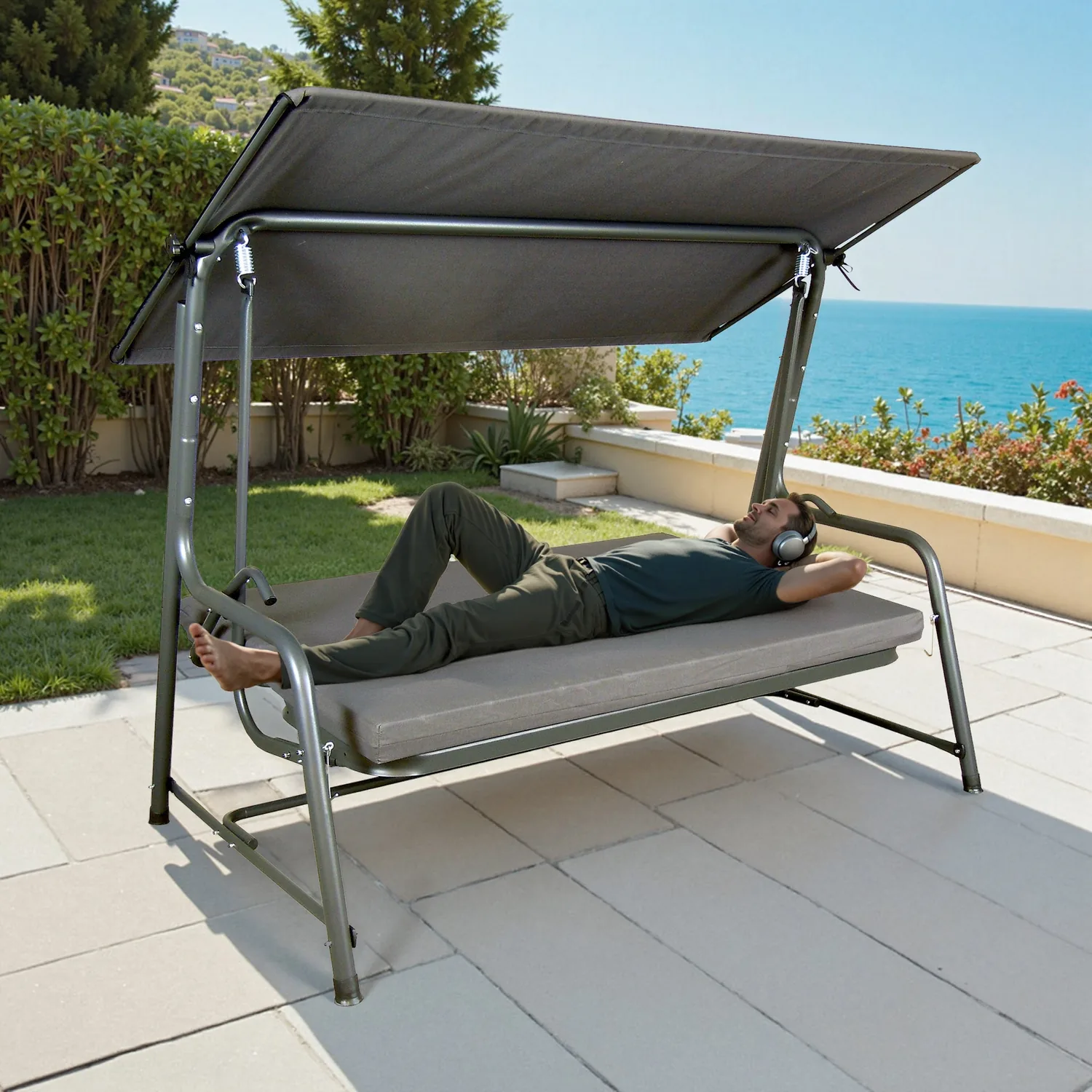 SUNJOY 4-Seat Italian-Made Patio Swing Chair / Bed with Adjustable Canopy and Cushions – Gray — view 2