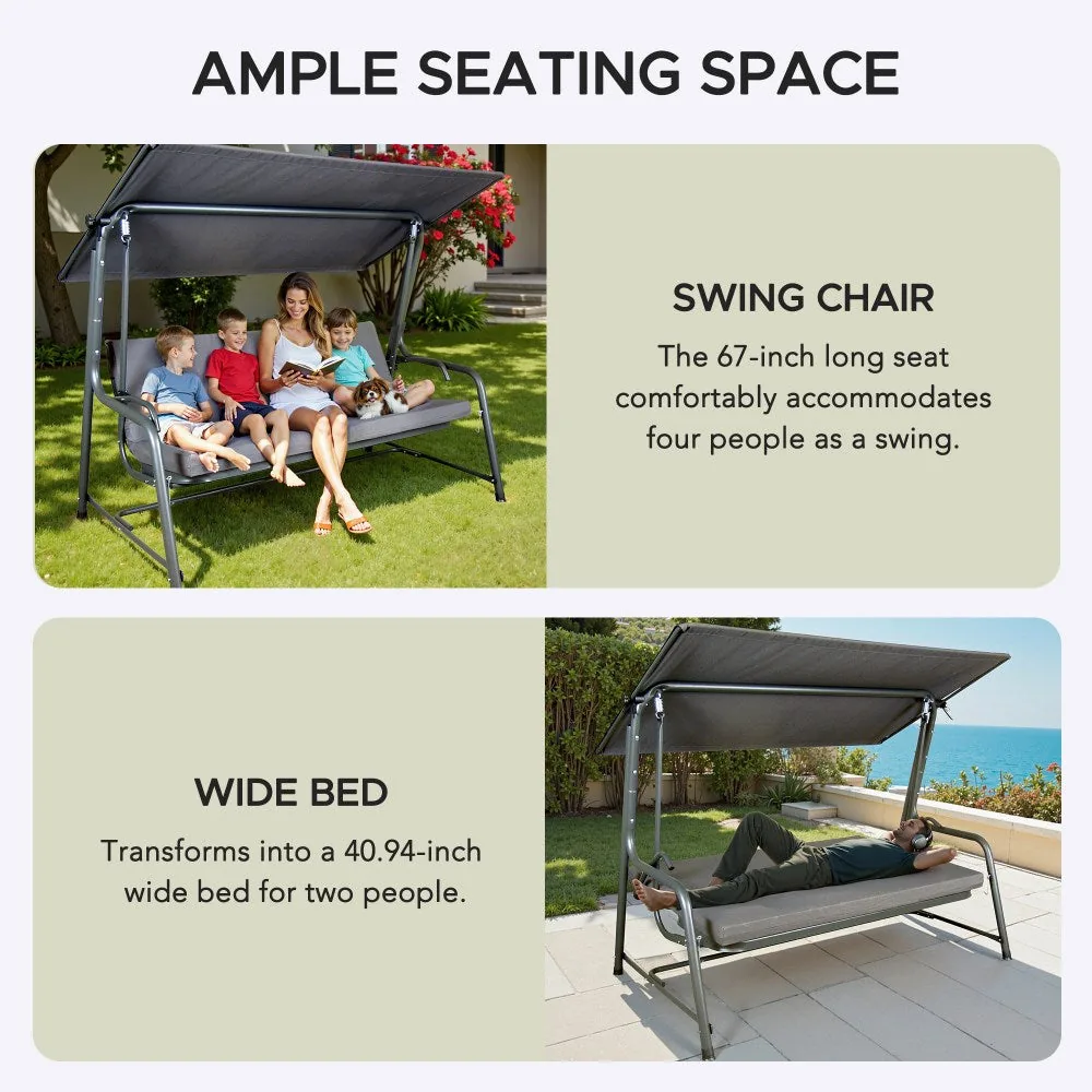 SUNJOY 4-Seat Italian-Made Patio Swing Chair / Bed with Adjustable Canopy and Cushions – Gray — view 9