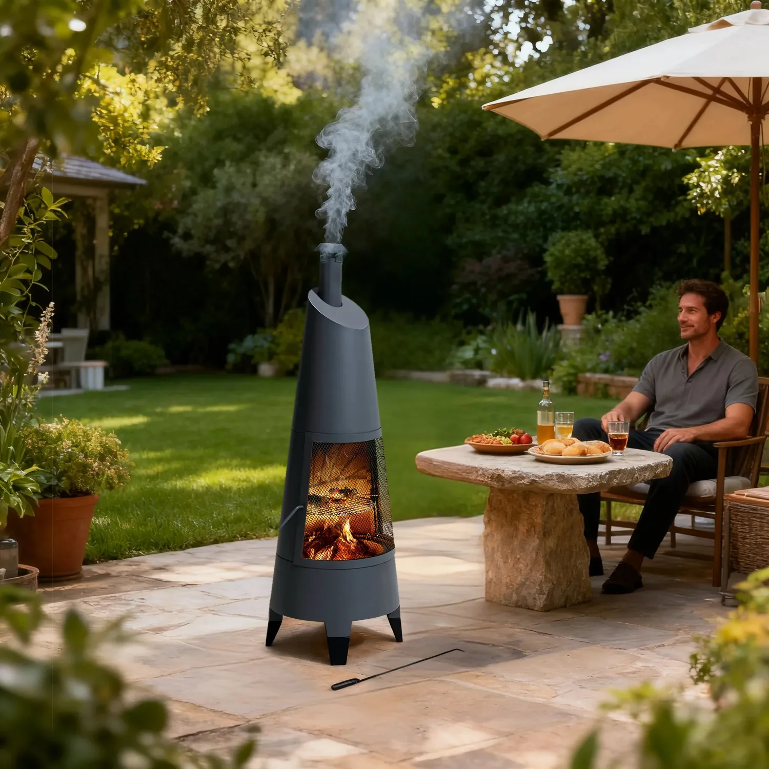 SUNJOY 57 Inch 2-in-1 Chiminea Fire Pit & Grill with Removable Grill Grate and PVC Cover - Gray — main image