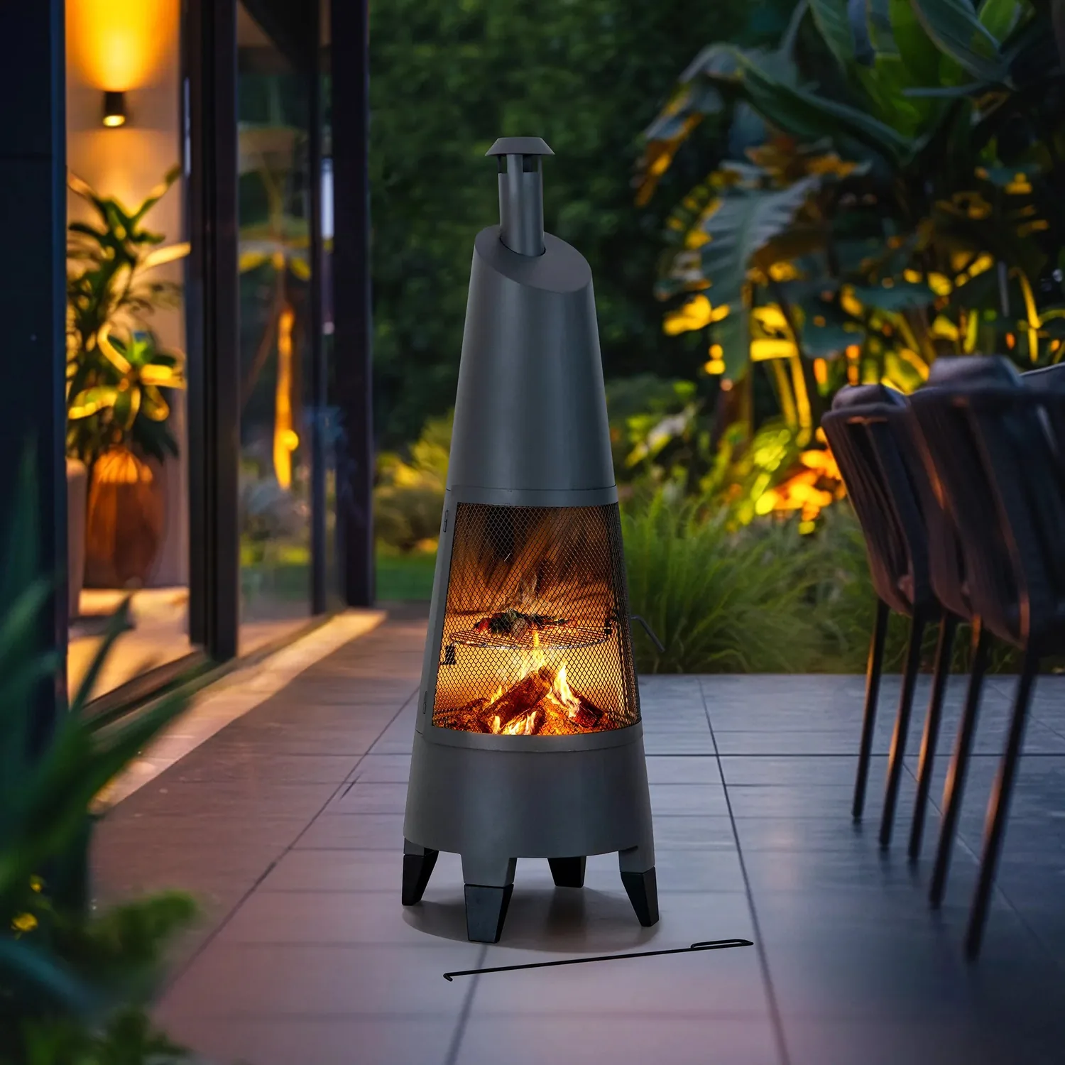 SUNJOY 57 Inch 2-in-1 Chiminea Fire Pit & Grill with Removable Grill Grate and PVC Cover - Gray — view 2