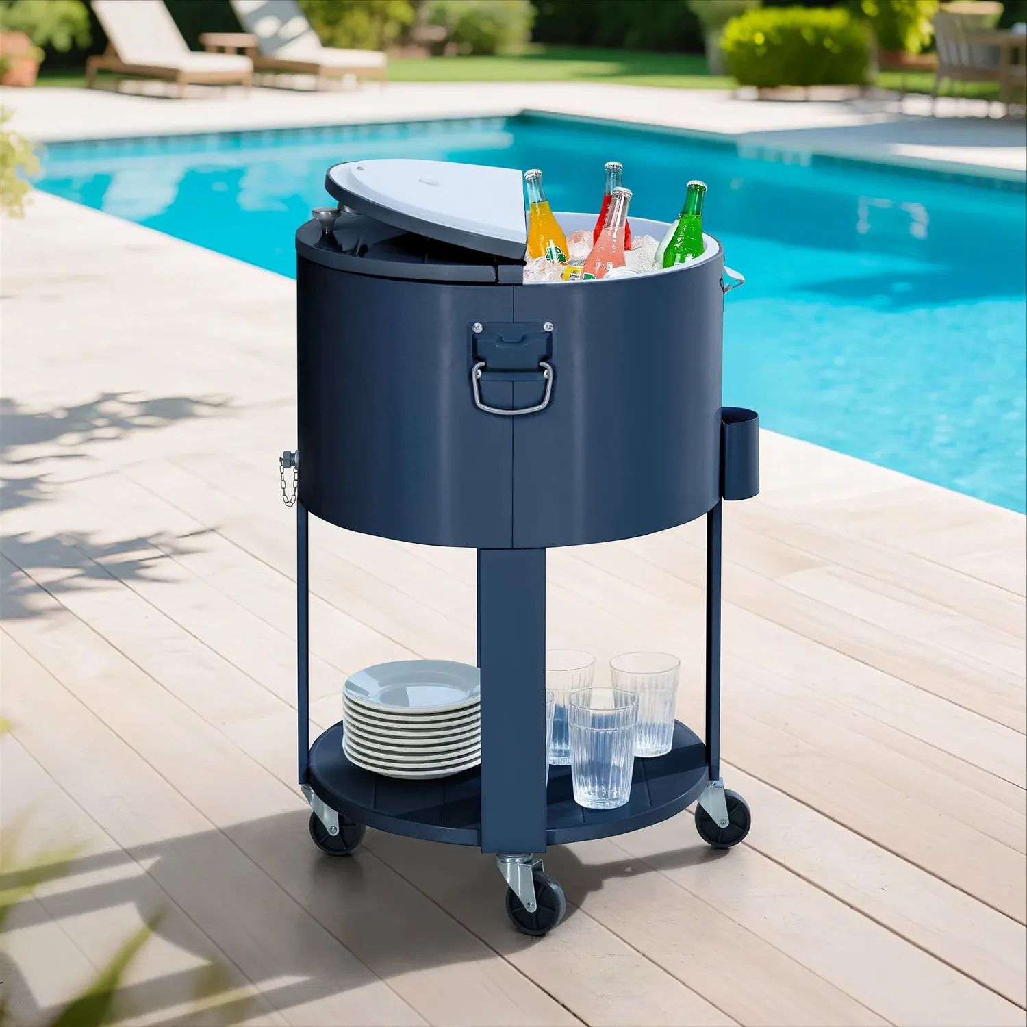 SUNJOY 60 Quart Patio Rooling Cooler Cart with Bottle Opener, Shelf and Lockable Wheels - Blue — main image