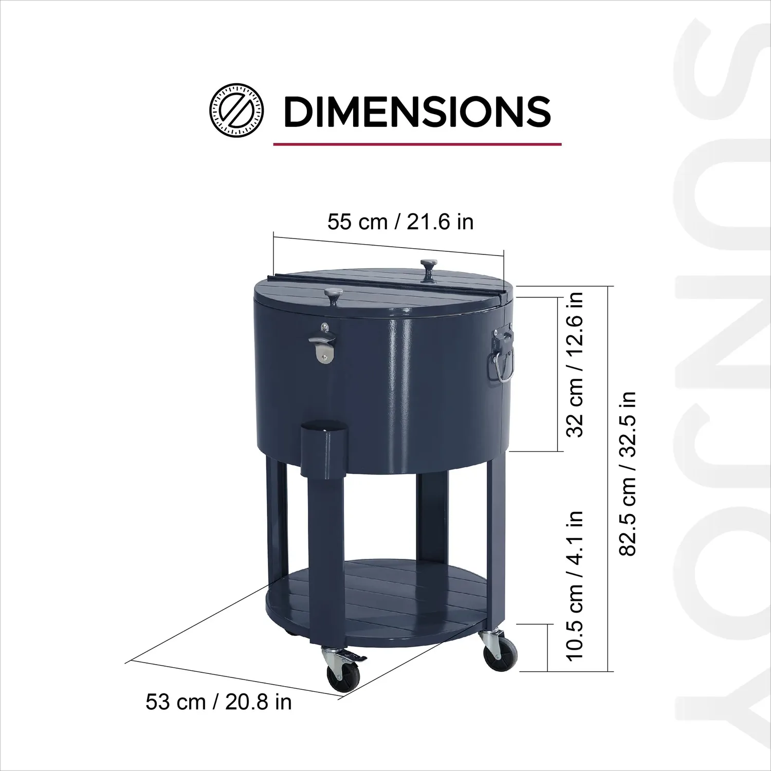 SUNJOY 60 Quart Patio Rooling Cooler Cart with Bottle Opener, Shelf and Lockable Wheels - Blue — view 3