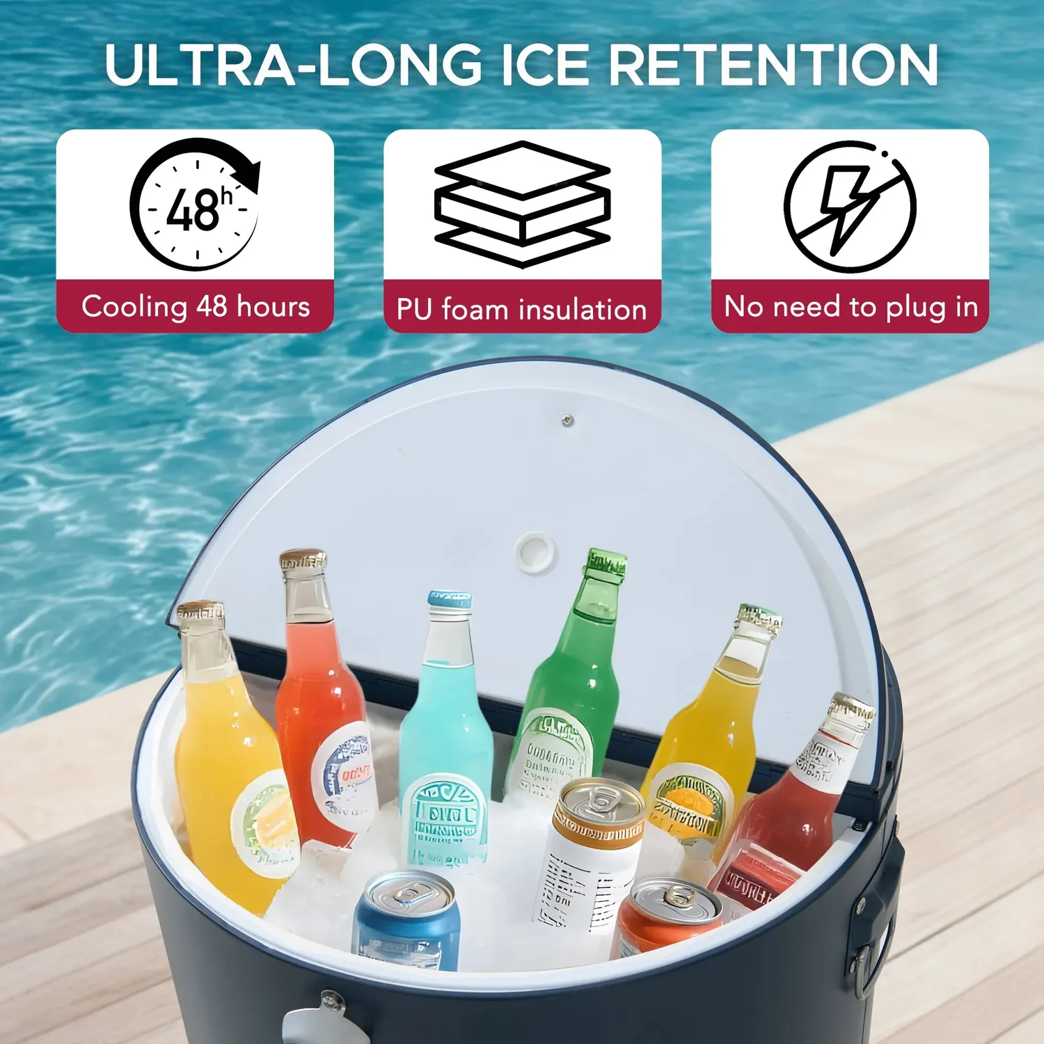 SUNJOY 60 Quart Patio Rooling Cooler Cart with Bottle Opener, Shelf and Lockable Wheels - Blue — view 4