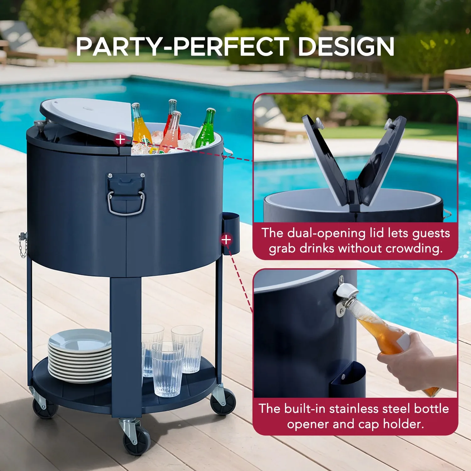 SUNJOY 60 Quart Patio Rooling Cooler Cart with Bottle Opener, Shelf and Lockable Wheels - Blue — view 5