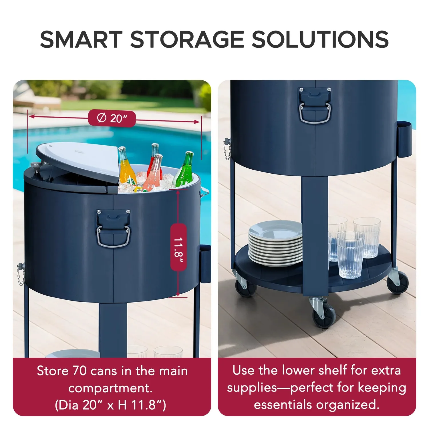 SUNJOY 60 Quart Patio Rooling Cooler Cart with Bottle Opener, Shelf and Lockable Wheels - Blue — view 6