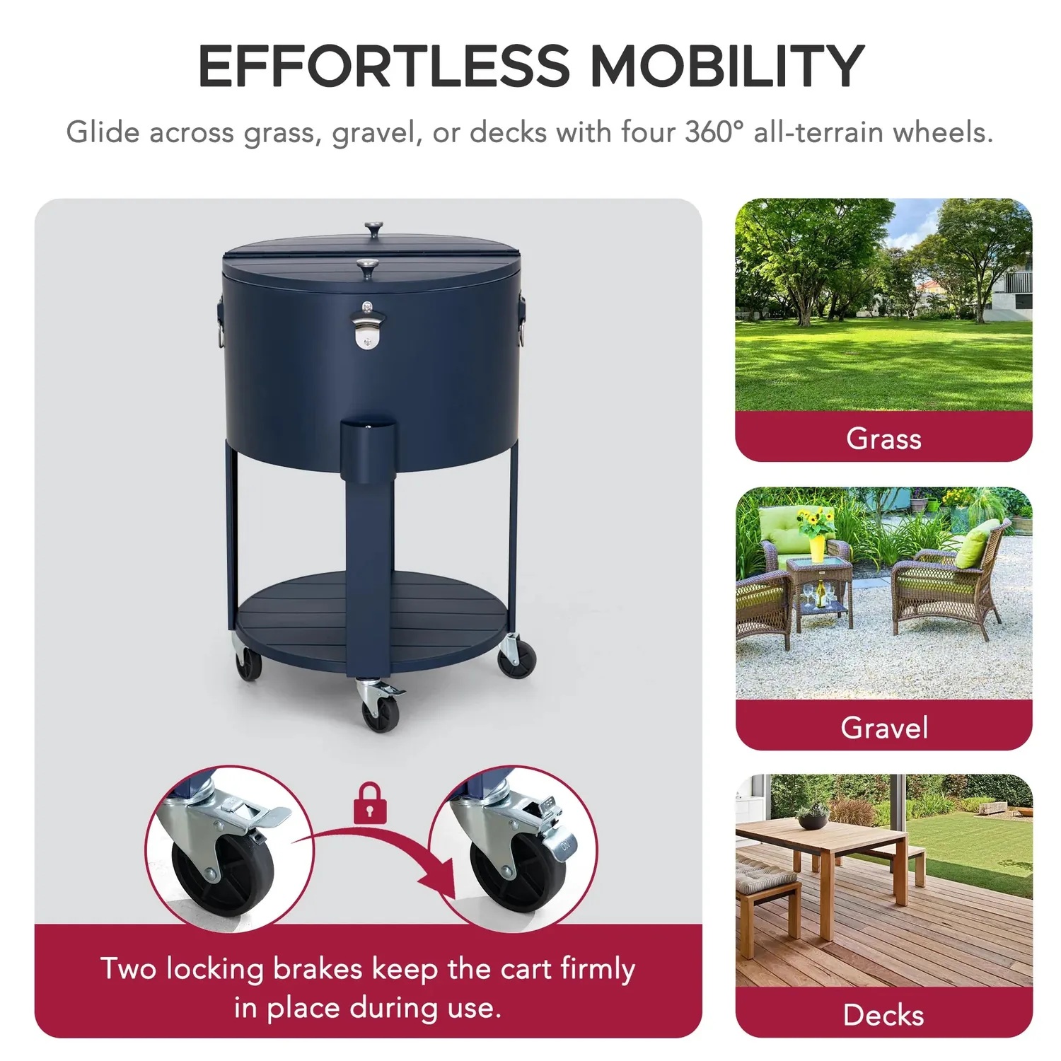 SUNJOY 60 Quart Patio Rooling Cooler Cart with Bottle Opener, Shelf and Lockable Wheels - Blue — view 9