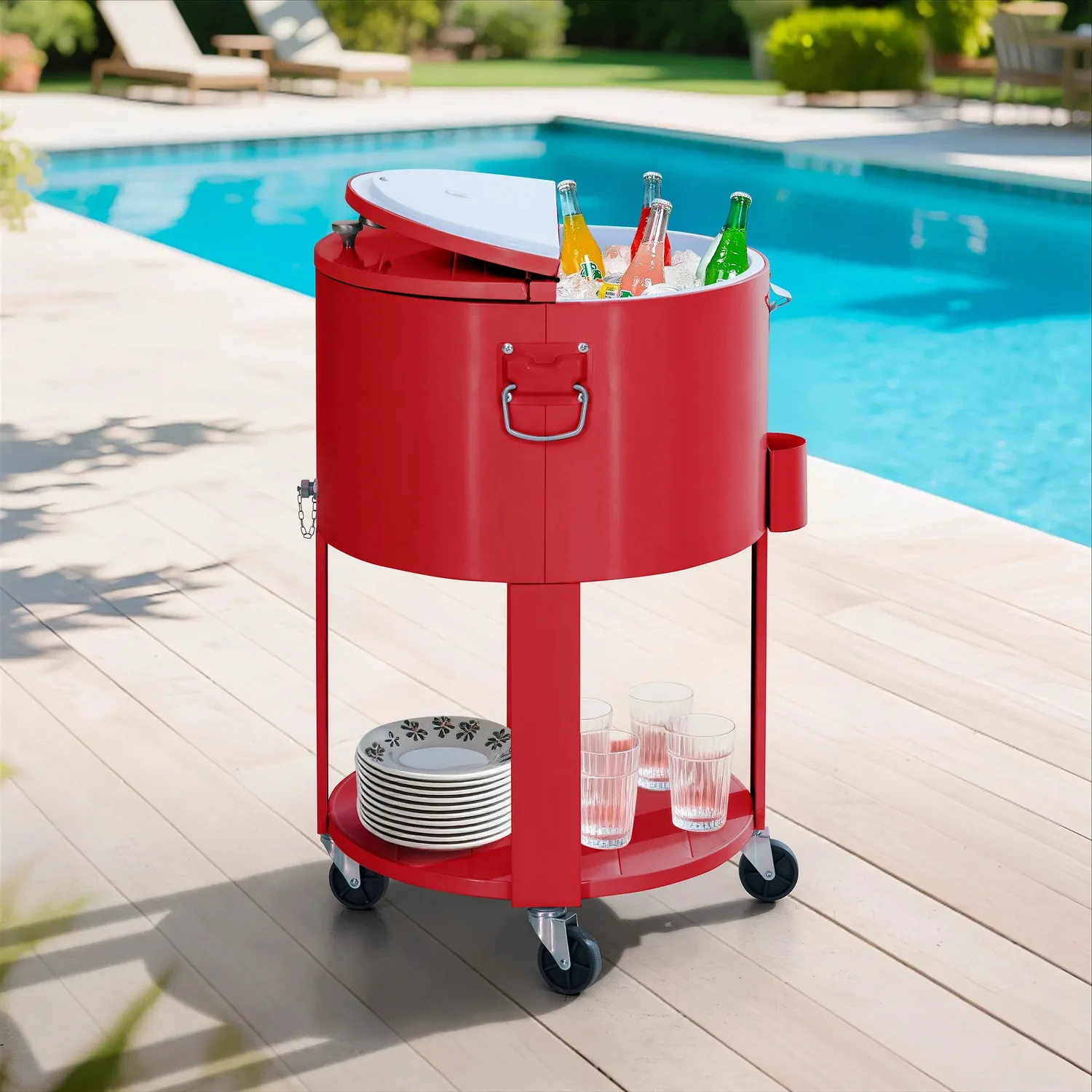 SUNJOY 60 Quart Patio Rooling Cooler Cart with Bottle Opener, Shelf and Lockable Wheels - Red — main image