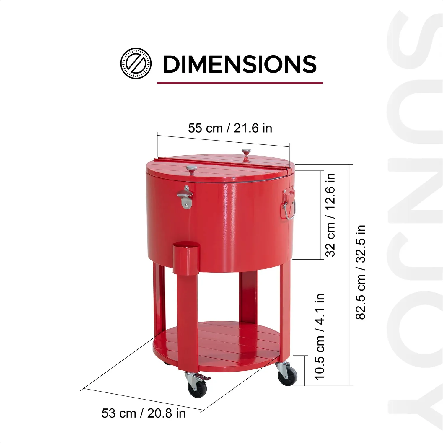 SUNJOY 60 Quart Patio Rooling Cooler Cart with Bottle Opener, Shelf and Lockable Wheels - Red — view 3