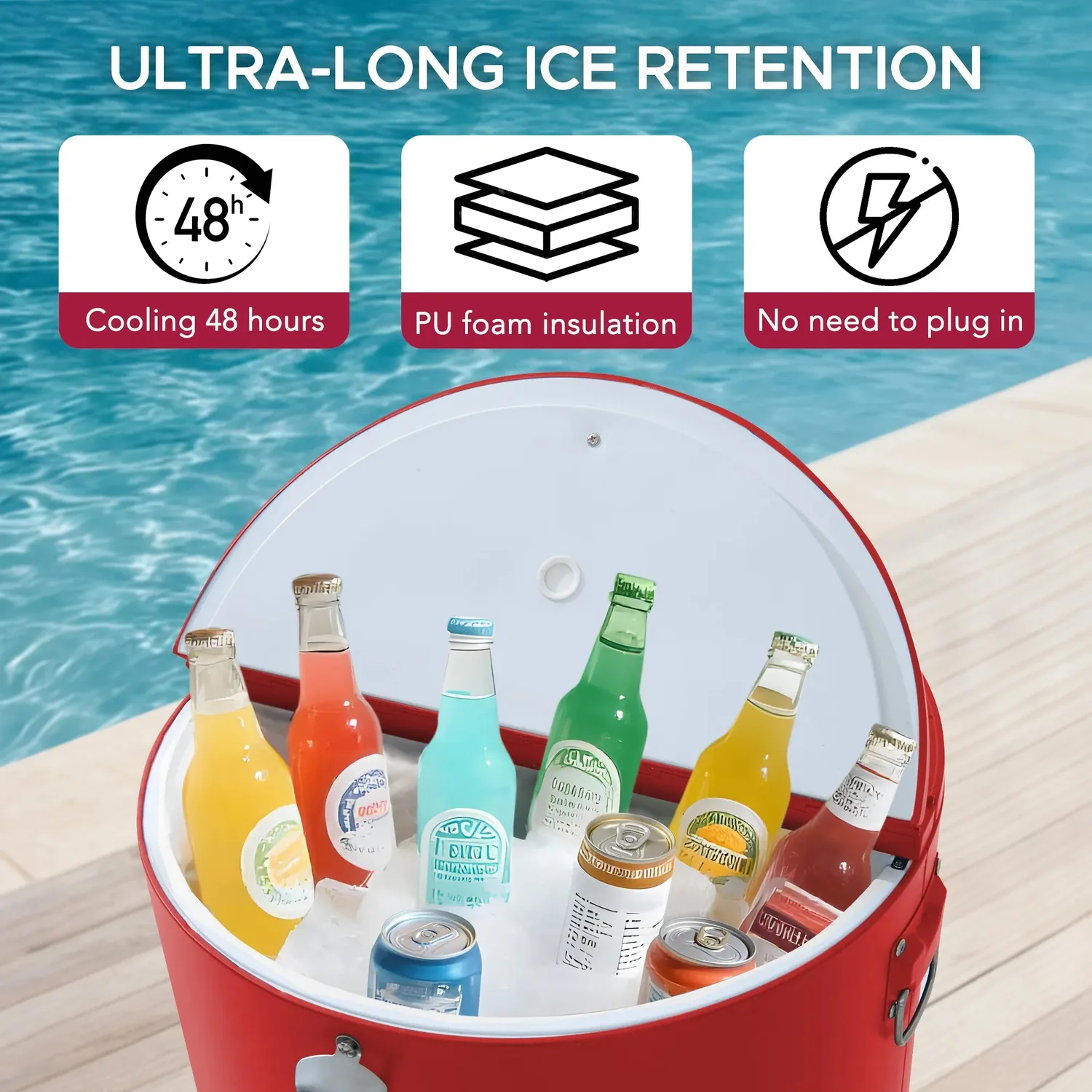 SUNJOY 60 Quart Patio Rooling Cooler Cart with Bottle Opener, Shelf and Lockable Wheels - Red — view 4