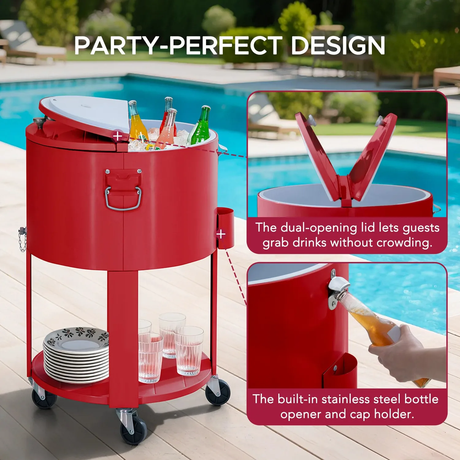 SUNJOY 60 Quart Patio Rooling Cooler Cart with Bottle Opener, Shelf and Lockable Wheels - Red — view 5