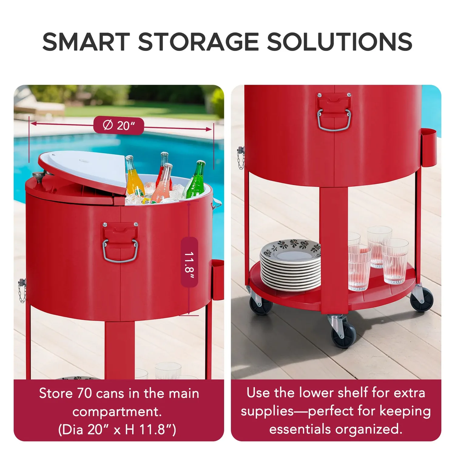 SUNJOY 60 Quart Patio Rooling Cooler Cart with Bottle Opener, Shelf and Lockable Wheels - Red — view 6