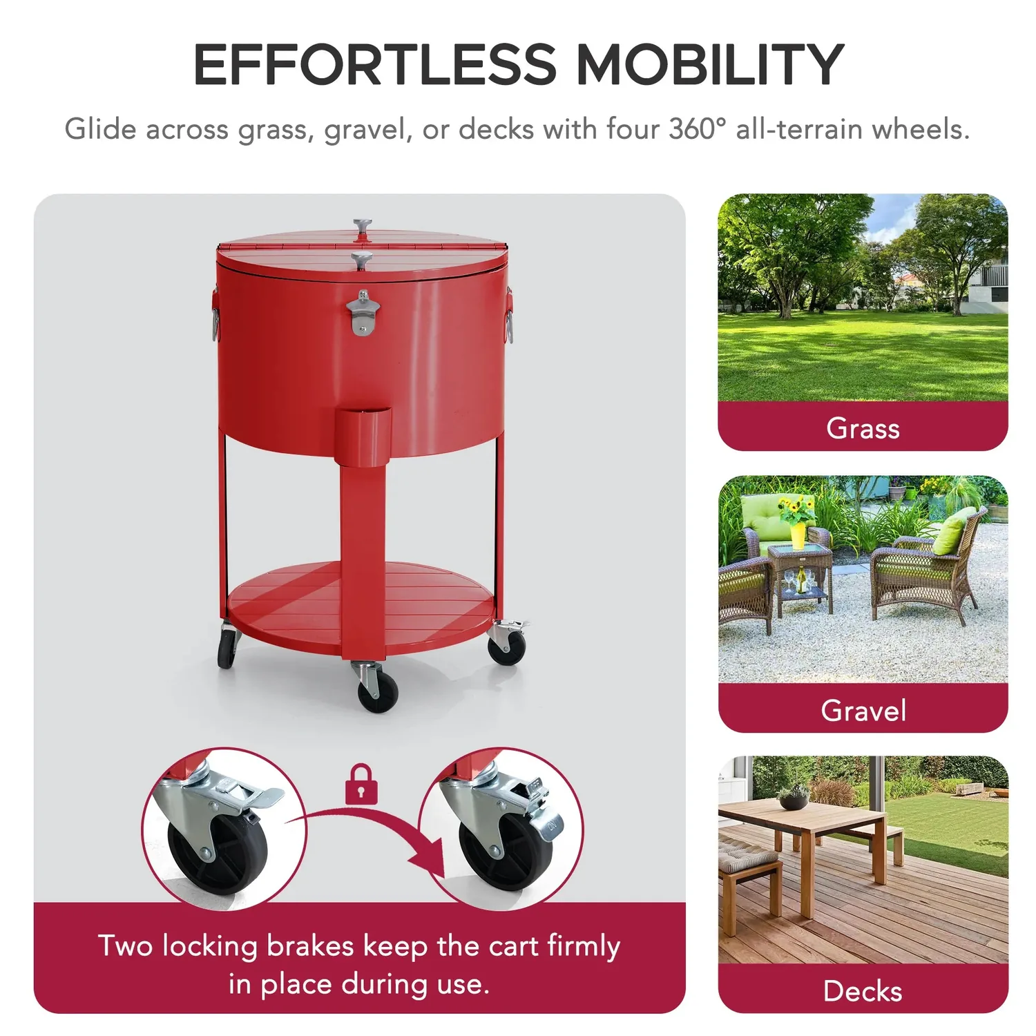 SUNJOY 60 Quart Patio Rooling Cooler Cart with Bottle Opener, Shelf and Lockable Wheels - Red — view 9