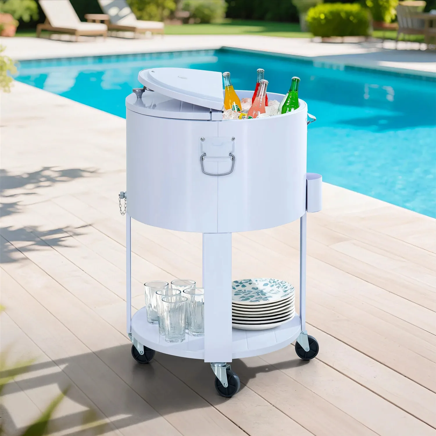 SUNJOY 60 Quart Patio Rooling Cooler Cart with Bottle Opener, Shelf and Lockable Wheels - White — main image