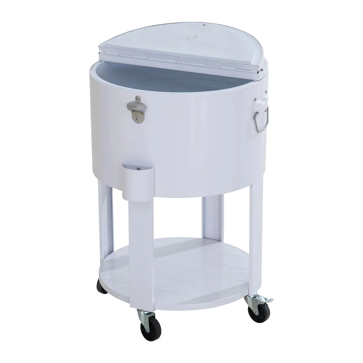 SUNJOY 60 Quart Patio Rooling Cooler Cart with Bottle Opener, Shelf and Lockable Wheels - White — view 2