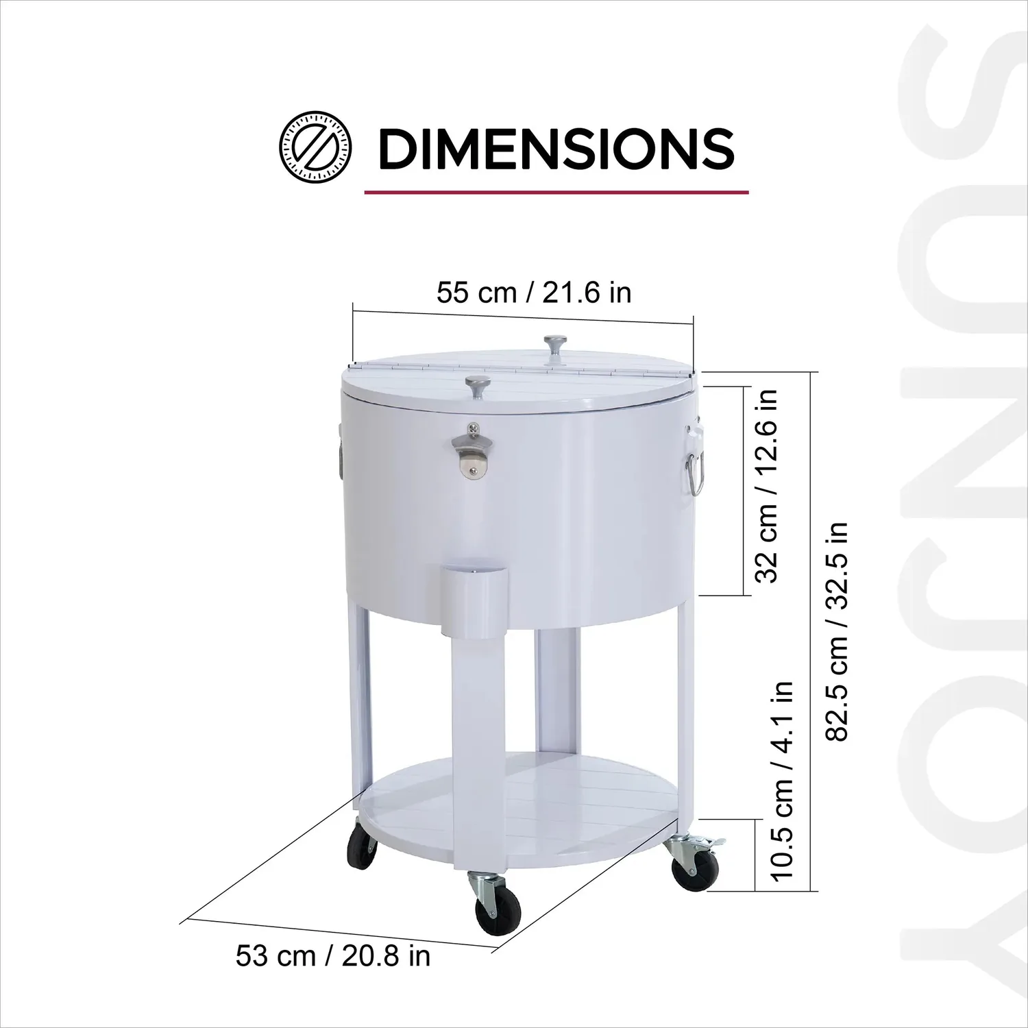 SUNJOY 60 Quart Patio Rooling Cooler Cart with Bottle Opener, Shelf and Lockable Wheels - White — view 3