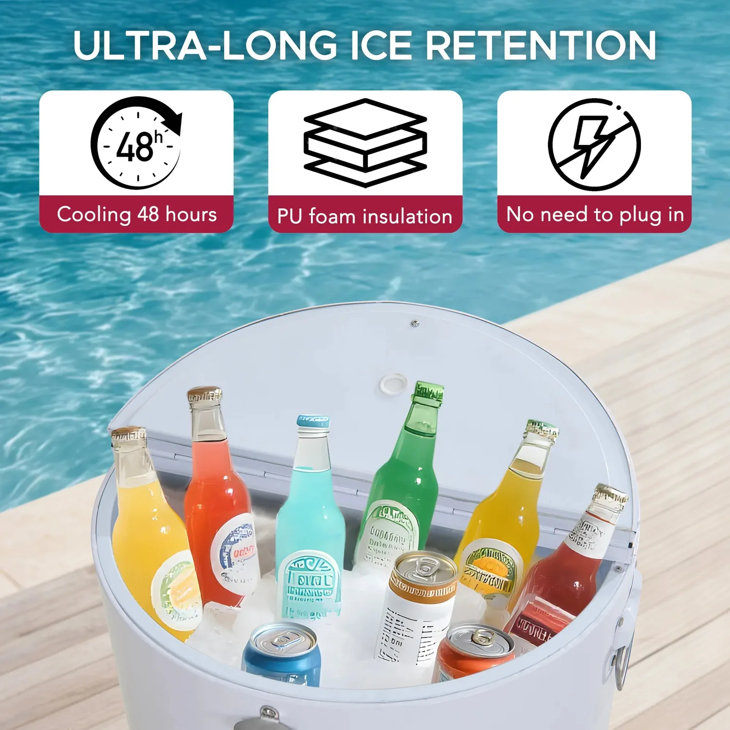SUNJOY 60 Quart Patio Rooling Cooler Cart with Bottle Opener, Shelf and Lockable Wheels - White — view 4