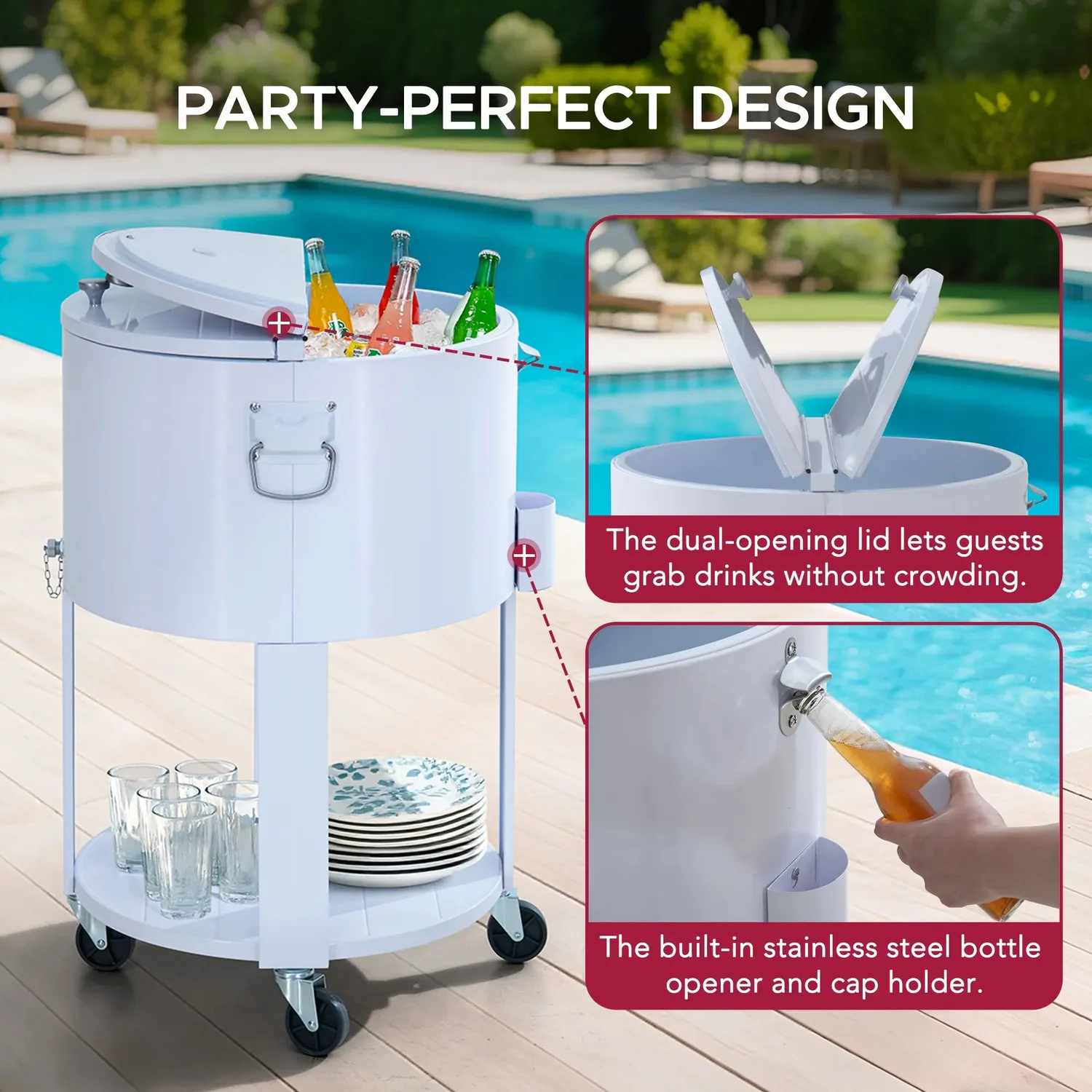 SUNJOY 60 Quart Patio Rooling Cooler Cart with Bottle Opener, Shelf and Lockable Wheels - White — view 5