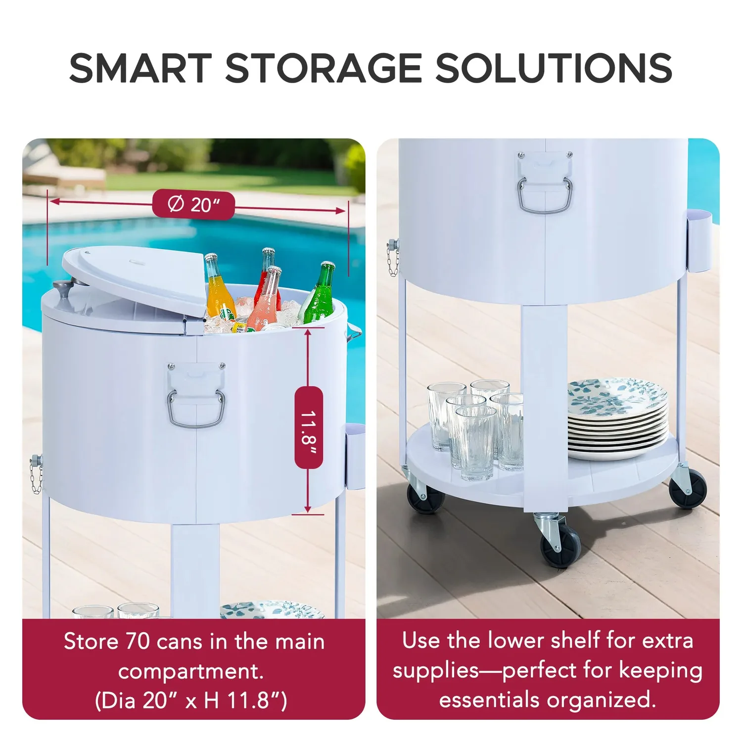 SUNJOY 60 Quart Patio Rooling Cooler Cart with Bottle Opener, Shelf and Lockable Wheels - White — view 6