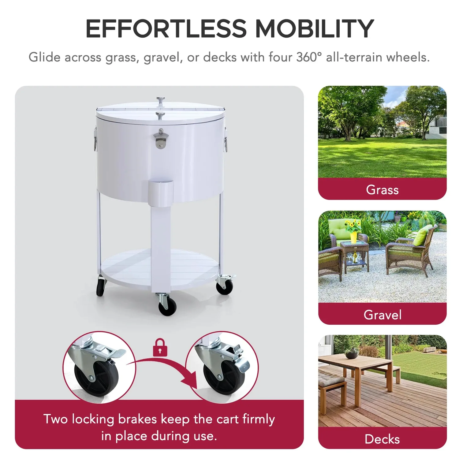 SUNJOY 60 Quart Patio Rooling Cooler Cart with Bottle Opener, Shelf and Lockable Wheels - White — view 9