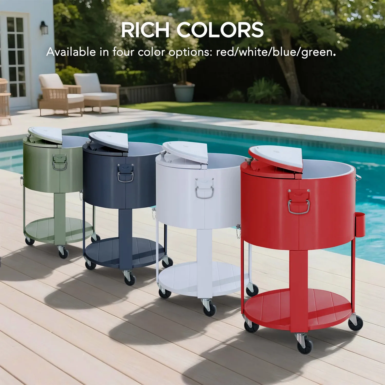 SUNJOY 60 Quart Patio Rooling Cooler Cart with Bottle Opener, Shelf and Lockable Wheels - White — view 10