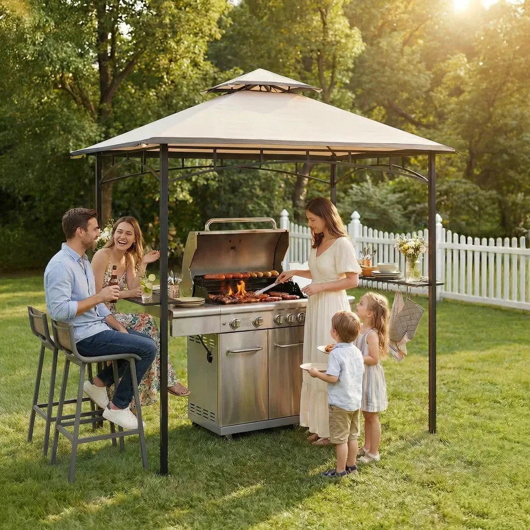 SUNJOY 8x5 BBQ Grill Gazebo with Bar Shelves and Hooks - Beige & Black — view 2