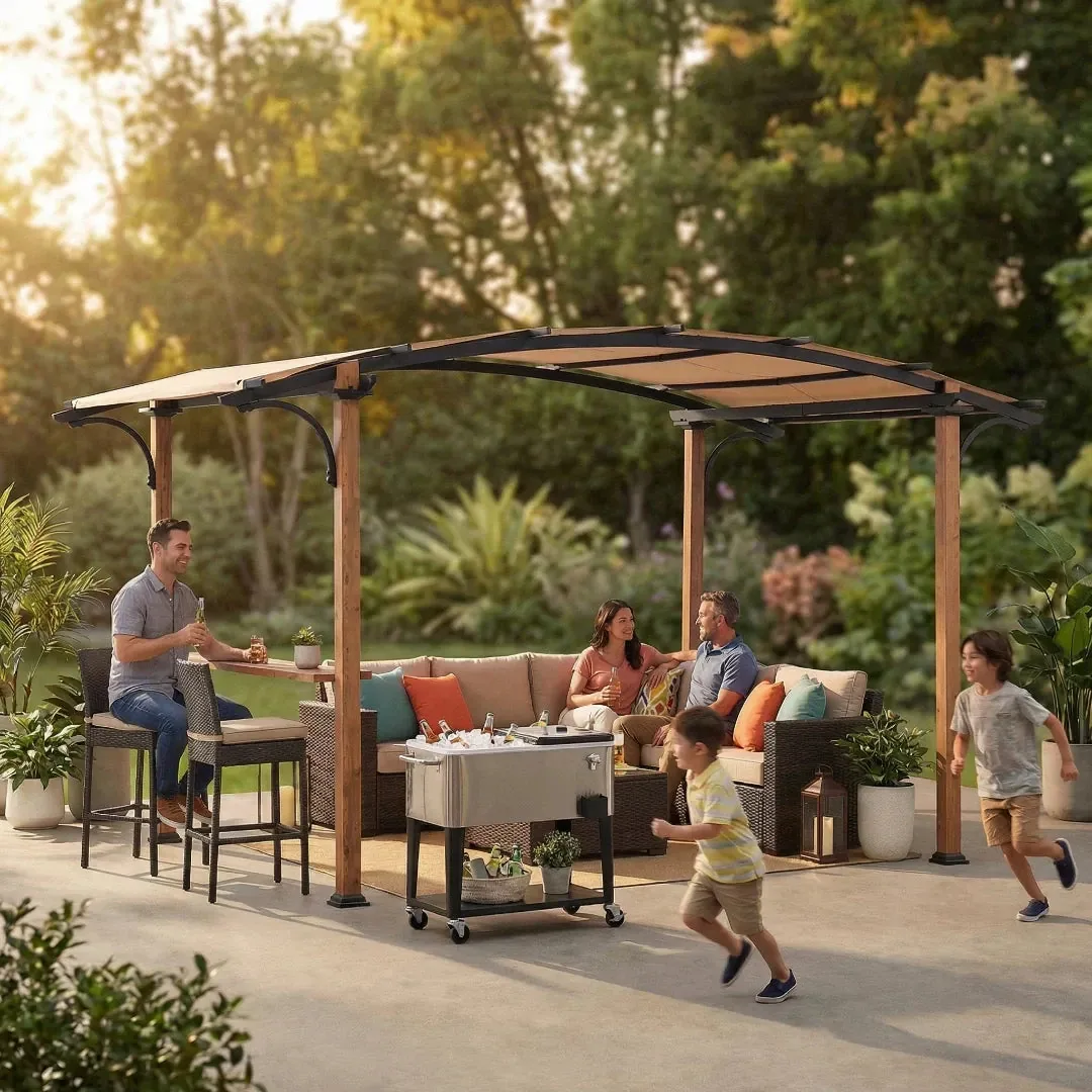 SUNJOY 9x13 Modern Arched Metal Pergola with Tan Heavy-duty Textilene Fabric Canopy and Bar Shelf — main image