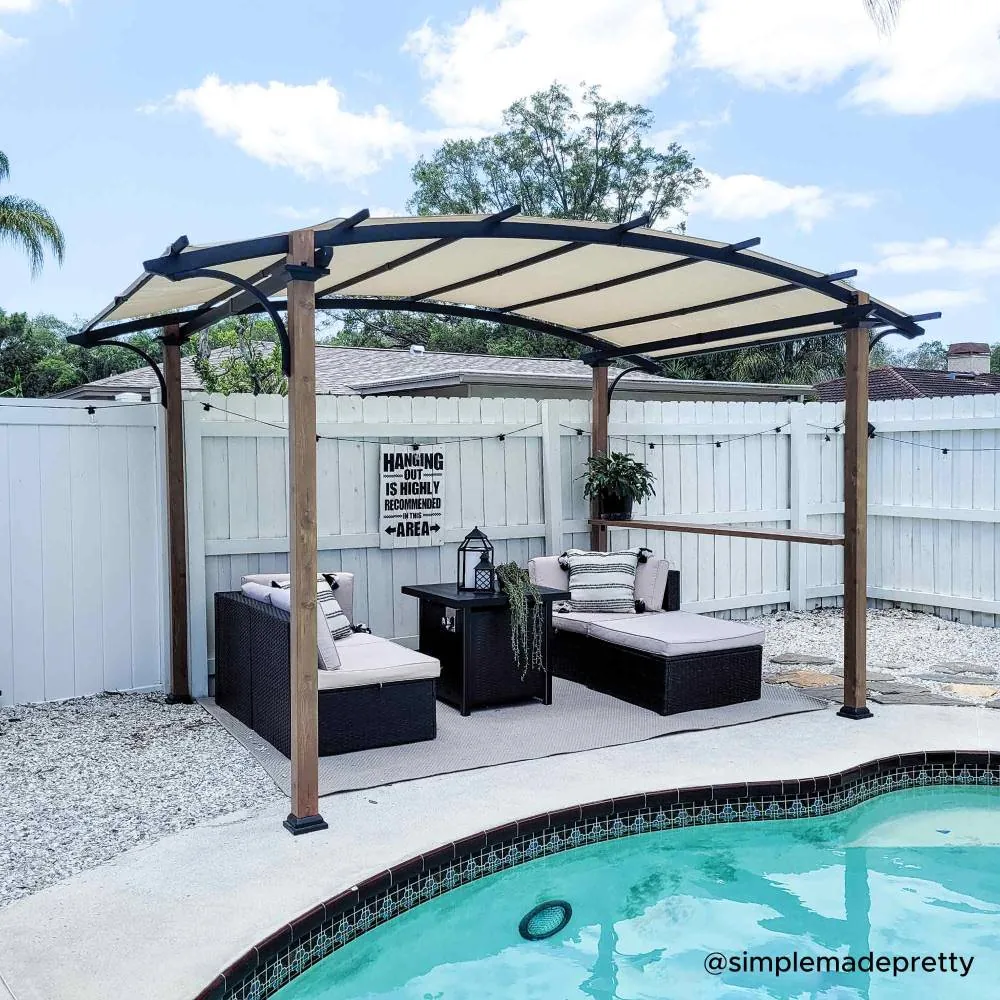 SUNJOY 9x13 Modern Arched Metal Pergola with Tan Heavy-duty Textilene Fabric Canopy and Bar Shelf — view 2