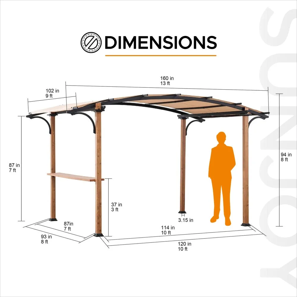 SUNJOY 9x13 Modern Arched Metal Pergola with Tan Heavy-duty Textilene Fabric Canopy and Bar Shelf — view 3