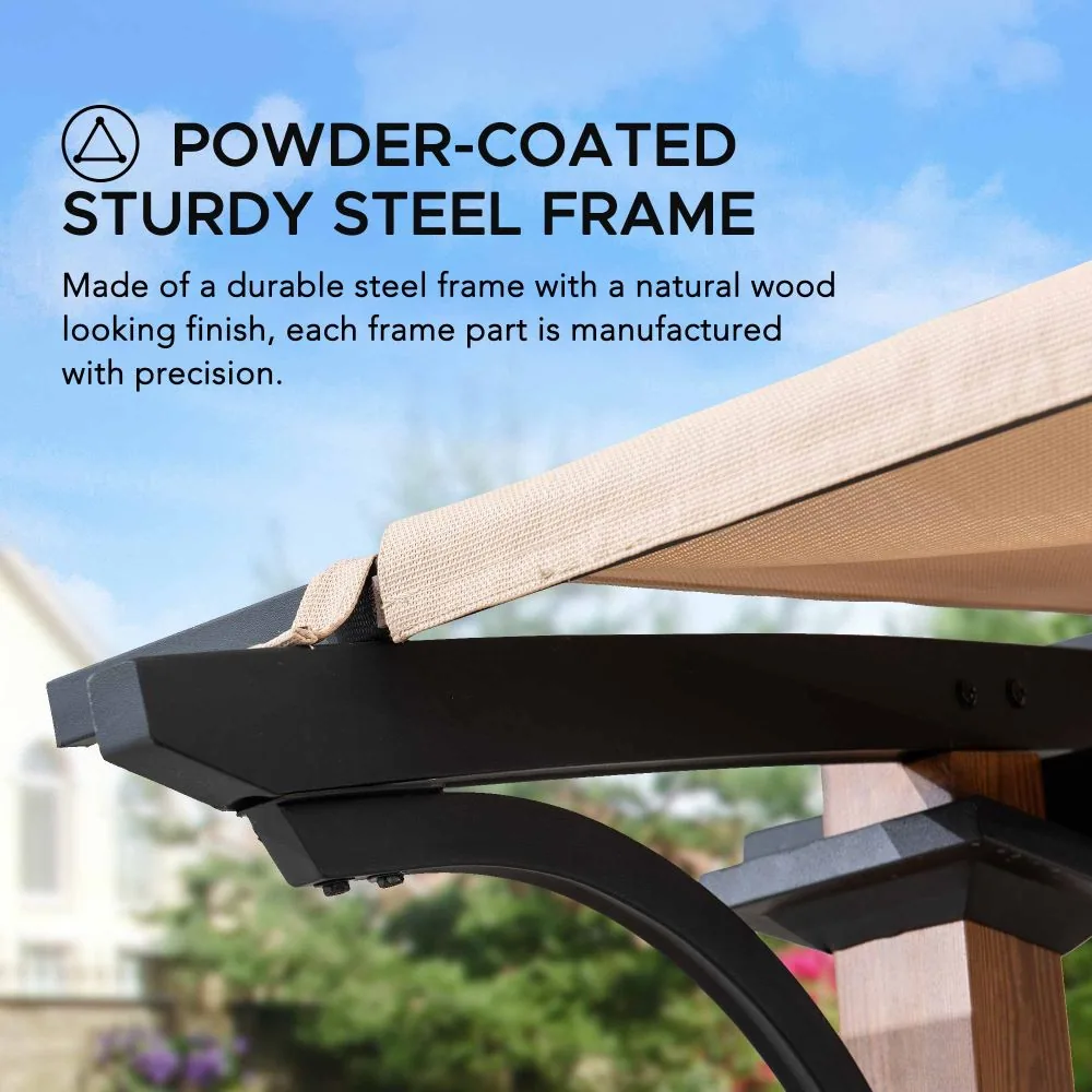 SUNJOY 9x13 Modern Arched Metal Pergola with Tan Heavy-duty Textilene Fabric Canopy and Bar Shelf — view 6