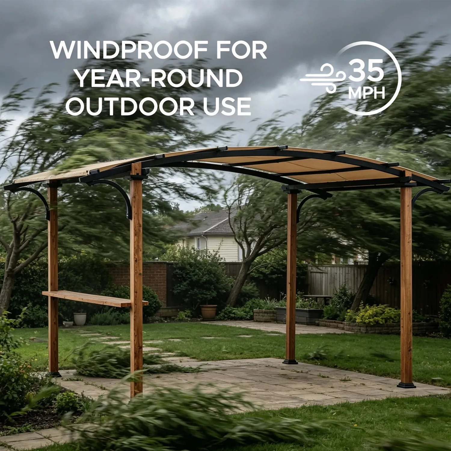 SUNJOY 9x13 Modern Arched Metal Pergola with Tan Heavy-duty Textilene Fabric Canopy and Bar Shelf — view 8